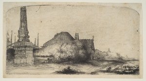 Spaarndammerdijk LObelisqueのコテージと境界ポスト、ca。 1650。 作： Rembrandt van Rijn
