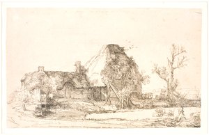 スケッチしている男性とコテージと農場の建物 作： Rembrandt van Rijn