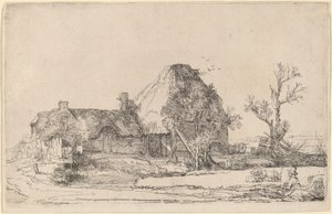 スケッチしている男のコテージと農場の建物 作： Rembrandt van Rijn