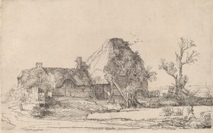 スケッチをしている男性がいるコテージと農場の建物、c。 1645年。 作： Rembrandt van Rijn