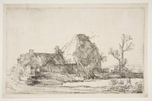 スケッチをしている男のコテージと農場の建物、カリフォルニア州。 1645年。 作： Rembrandt van Rijn