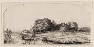 羊の群れがいるディーメルダイクのコテージと干し草の納屋 作： Rembrandt van Rijn