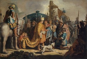 1627年、サウルの前にゴリアテの頭を持つダビデ