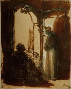 ドアで3人の女性 作： Rembrandt van Rijn