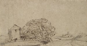 遠くの農場のある道路のそばの農場の建物、1650-69（紙に灰色のウォッシュが施されたペンと茶色のインク）