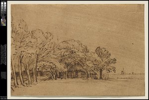樹木の下の農場、1650年頃 作： Rembrandt van Rijn