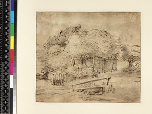 木々の下の農家、歩道橋、1650年頃（ペンとインク、紙の上で洗う） 作： Rembrandt van Rijn
