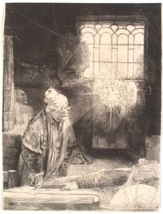 書斎で魔法の円盤を見ているファウスト (Dr. Faustus) 作： Rembrandt van Rijn