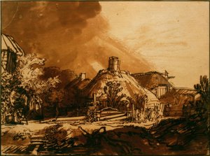 荒れ模様の空の下の家 作： Rembrandt van Rijn