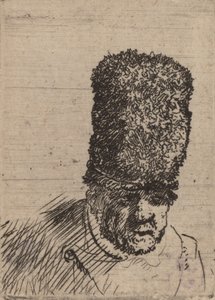 毛皮の高い帽子をかぶった老人の頭。 作： Rembrandt van Rijn