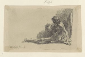 片足を伸ばして床に座っている若い男 Requeil de quatre-vingt-cinq estampes originales (シリーズタイトル) 作： Rembrandt van Rijn