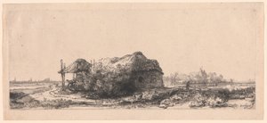 コテージと干し草の納屋のある風景: 横長 作： Rembrandt van Rijn
