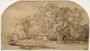 背の高い木の下のコテージのある風景 (「パフ オブ ウィンド」) 作： Rembrandt van Rijn
