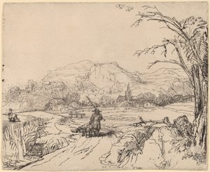 スポーツマンと犬のいる風景 作： Rembrandt van Rijn