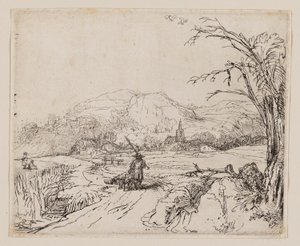 スポーツマンと犬のいる風景 作： Rembrandt van Rijn
