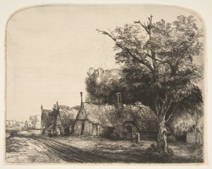 道路の横にある3つの切妻コテージのある風景、1650年。 作： Rembrandt van Rijn