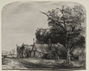 道路の横にある 3 つの切妻コテージのある風景 作： Rembrandt van Rijn