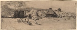 木、農場の建物、塔のある風景 作： Rembrandt van Rijn
