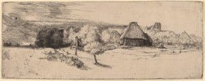 木、農場の建物、塔のある風景 作： Rembrandt van Rijn
