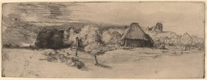 木、農場の建物、塔のある風景 作： Rembrandt van Rijn