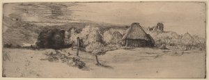 木々、農場の建物、そして塔のある風景 作： Rembrandt van Rijn