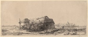 コテージと干し草の納屋のある風景: 横長 作： Rembrandt van Rijn
