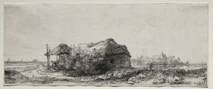 コテージと干し草の納屋のある風景: 横長 作： Rembrandt van Rijn