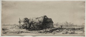 コテージと干し草の納屋のある風景: 横長 作： Rembrandt van Rijn