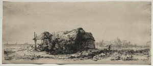 コテージと干し草の納屋のある風景：長方形、1641年。 作： Rembrandt van Rijn