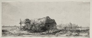 コテージと干し草の納屋のある風景：長方形、1641年。 作： Rembrandt van Rijn