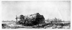 ジェームズブレザトンによってエッチングされたコテージとヘイバーンのある風景 作： Rembrandt van Rijn