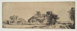 運河沿いの道路沿いの農家のある風景1652年。 作： Rembrandt van Rijn