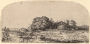 干し草の納屋と羊の群れのある風景 作： Rembrandt van Rijn