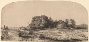 干し草の納屋と羊の群れのある風景 作： Rembrandt van Rijn