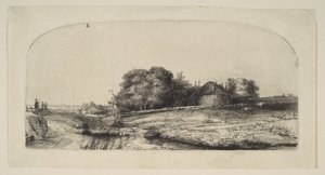 干し草の納屋と羊の群れのある風景、1652年。 作： Rembrandt van Rijn