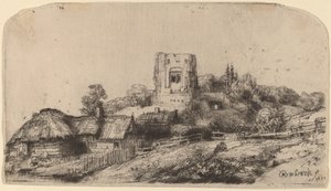 角塔のある風景 作： Rembrandt van Rijn