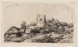 角塔のある風景 作： Rembrandt van Rijn