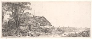 コテージと大きな木のある風景 作： Rembrandt van Rijn
