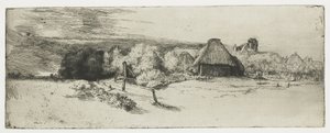 農家と「塔のある家」のある風景 作： Rembrandt van Rijn