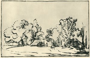 2つのコテージのある風景、c1650-1655、1943年。 作： Rembrandt van Rijn