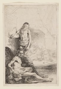 男性ヌード着席と立っています。 作： Rembrandt van Rijn