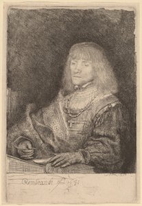十字架と鎖をつけてデスクに向かう男性 作： Rembrandt van Rijn