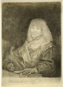 十字架と鎖をつけてデスクに向かう男性 作： Rembrandt van Rijn