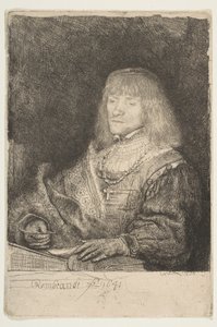 十字架と鎖をつけて机に向かう男、1641年。 作： Rembrandt van Rijn