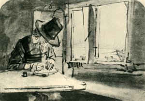 17世紀半ば、1943年に窓辺で絵を描く男。 作： Rembrandt van Rijn