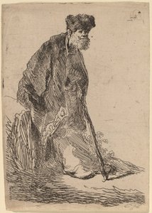 銀行に寄りかかるコートと毛皮の帽子をかぶった男 作： Rembrandt van Rijn