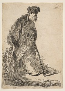 銀行に寄りかかるコートと毛皮の帽子をかぶった男、カリフォルニア州。 1630年。 作： Rembrandt van Rijn
