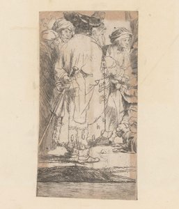 後ろから見たマントを着た男 ハンドレッド グルデン プリント 作： Rembrandt van Rijn