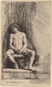 カーテンの前に座っている裸の男 作： Rembrandt van Rijn