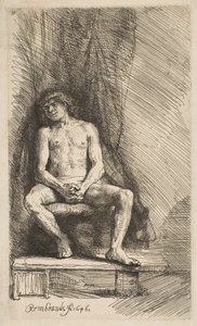 カーテンの前に座る裸の男、1646年。 作： Rembrandt van Rijn